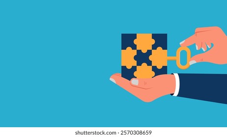 Illustration of Blue Background of business, success, Entrepreneur, concept of hand Inserting Puzzle with Key as a symbol of Towards Success