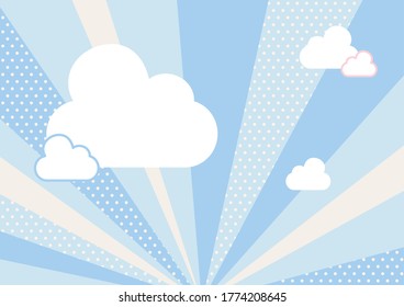 It is an illustration of a blue background and clouds spreading radially. Vector image.