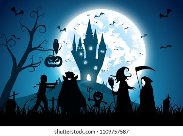 illustration blue background concept,festival halloween,full moon on dark night with many ghost and devil walking to castle for celebration halloween day