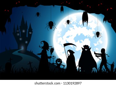 illustration blue background concept,festival halloween,full moon on dark night with many ghost and devil walking to castle for celebration halloween day