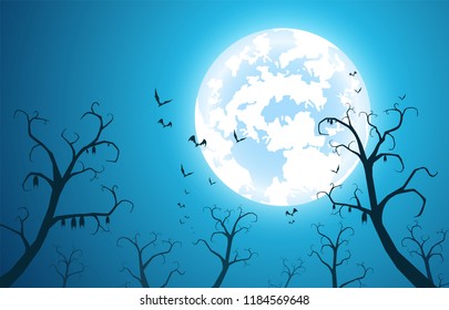 illustration blue background and festival halloween concept,many bat on tree with full moon on dark night, ghost and devil with celebration halloween day