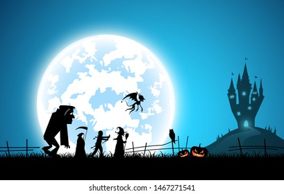 illustration blue background, festival halloween concept, full moon on dark night with many ghost, scarecrow, frankenstein and devil walking to castle for celebration halloween day