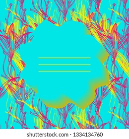 Illustration of blue background with floral design element in green, plant branches and blank space for writing