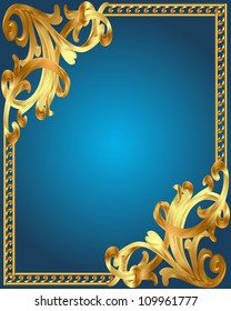 illustration blue background frame with gold(en) vegetable ornament