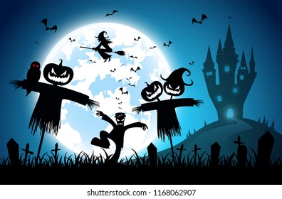 illustration blue background,festival halloween concept,full moon on dark night with many ghost,scarecrow,frankenstein and devil walking to castle for celebration halloween day