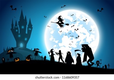 illustration blue background,festival halloween concept,full moon on dark night with many ghost,scarecrow,frankenstein and devil walking to castle for celebration halloween day