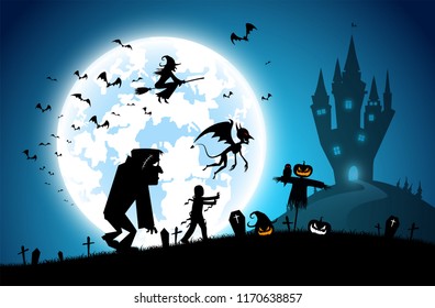 illustration blue background,festival halloween concept,full moon on dark night with many ghost,scarecrow,frankenstein and devil walking to castle for celebration halloween day