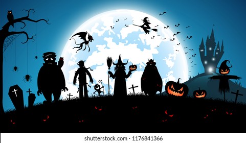 illustration blue background,festival halloween concept,full moon on dark night with many ghost,scarecrow,frankenstein and devil walking to castle for celebration halloween day