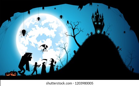 illustration blue background,festival halloween concept,full moon on dark night with many ghost,zombie,frankenstein and devil walking to castle for celebration halloween day