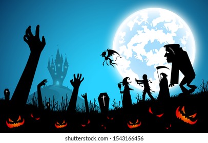 illustration blue background,festival halloween concept,full moon on dark night with many ghost,scarecrow,frankenstein and devil walking to castle for celebration halloween day