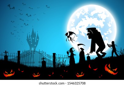 illustration blue background,festival halloween concept,full moon on dark night with many ghost,scarecrow,frankenstein and devil walking to castle for celebration halloween day