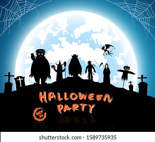 illustration blue background,festival halloween concept,full moon on dark night with many ghost,scarecrow,frankenstein and devil walking to castle for celebration halloween day