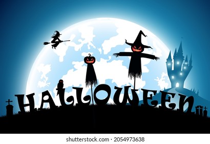 illustration blue background,festival halloween concept,full moon on dark night with many ghost,scarecrow,frankenstein and devil walking to castle for celebration halloween day