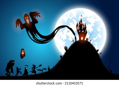 illustration blue background,festival halloween concept,full moon on dark night with many ghost,scarecrow,frankenstein and devil walking to castle for celebration halloween day