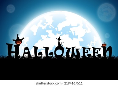 illustration blue background,festival halloween concept,full moon on dark night with many ghost,scarecrow,frankenstein and devil walking to castle for celebration halloween day