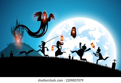 ilustración fondo azul, concepto de festival halloween, luna llena en noche oscura con muchos fantasmas, espantapájaros, frankenstein y diablo caminando al castillo para celebrar el día de halloween