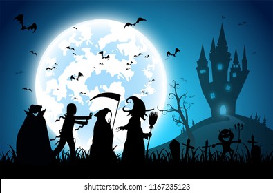 illustration blue background,festival halloween,full moon on dark night with many ghost and devil walking to castle for celebration halloween day