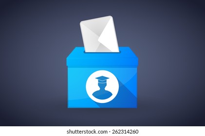 Illustration of a blue ballot box with a student