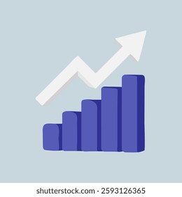 Illustration of a blue bar chart with an upward white arrow, symbolizing growth and success in business and finance. Business growth concept. Vector illustration.