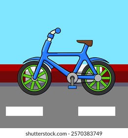 An illustration of a blue bicycle with green wheels parked on a road with a red curb. Set against a bright blue sky, showcasing a clean and minimalist design.