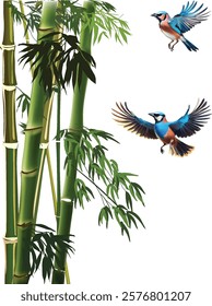 illustration with blue bieds near green bamboo plants on white background