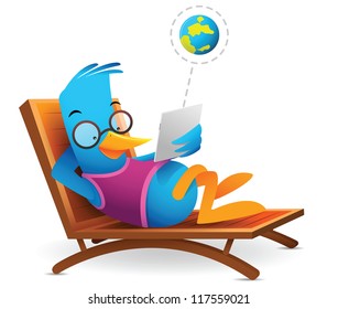 Illustration of Blue Bird sitting using tablet