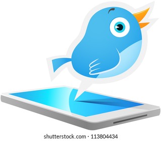 Illustration of Blue Bird talking out from smart phone