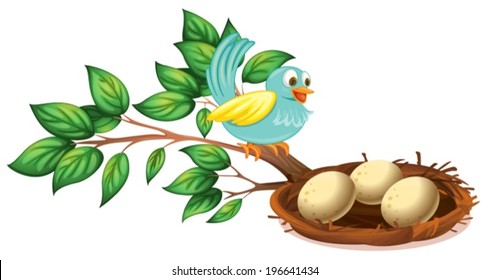 Illustration of a blue bird watching the eggs in the nest on a white background