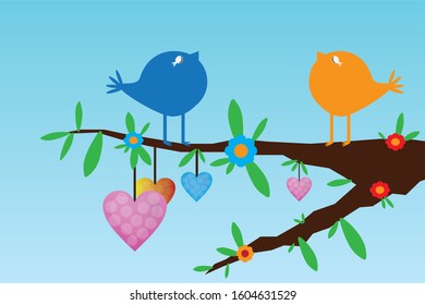 Illustration of blue bird and yellow bird perching on a tree trunk with various of hanging hearts.