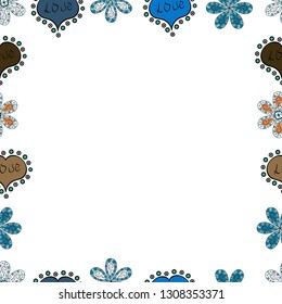 Illustration in blue, black and white colors. Vector illustration. Seamless pattern. Square frames doodles.