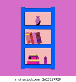 Illustration of a blue bookcase with shelves. A bookcase with books stacked side by side and stacked on top of each other. A bookcase with a statuette and a decorative vase. Various book titles.