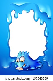 Illustration of a blue border design with a blue monster writing