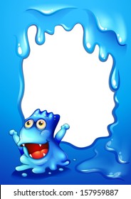 Illustration of a blue border design with a monster wondering