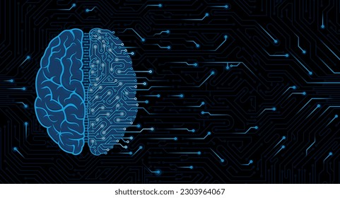 Illustration blue brain top view half human  half machine brain and circuits dark circuit board background and random lights and copy space  Artificial intelligence concept