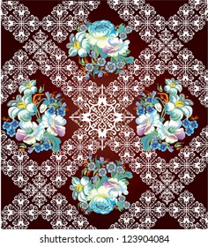 illustration with blue and brown floral square design