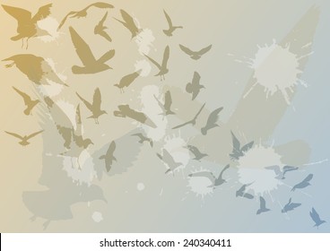 illustration with blue and brown gull silhouette background