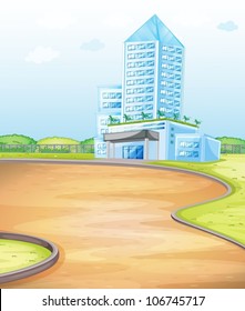 illustration of a blue building on blue sky background