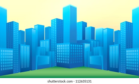 Illustration of blue buildings in perspective view