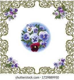 illustration with blue bunch of flowers in decorated frame isolated on white background