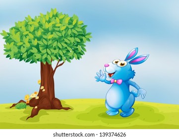 Illustration of a blue bunny beside a tree