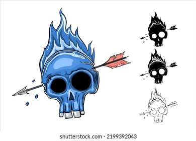Illustration blue burning skull with an arrow. Design element for logo, label, sign, emblem, poster. Vector illustration
