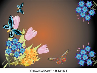 illustration with blue butterflies and flowers