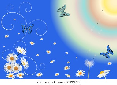 Illustration with blue butterflies and flowers