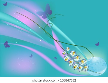 illustration with blue butterflies and flowers background