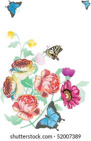 illustration with blue butterflies and pink flowers on white