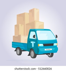 Illustration of blue car loaded with boxes.