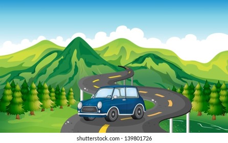 Illustration of a blue car and the winding road