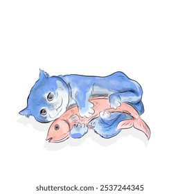 illustration of a blue cat hugging a red fish