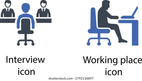 Illustration of a blue chair in an interview scene with a businessman and a boss sitting at a desk with laptop and coffee cup