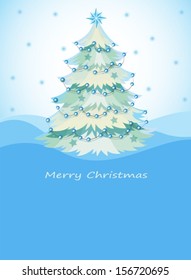 Illustration of a blue christmas card with a christmas tree